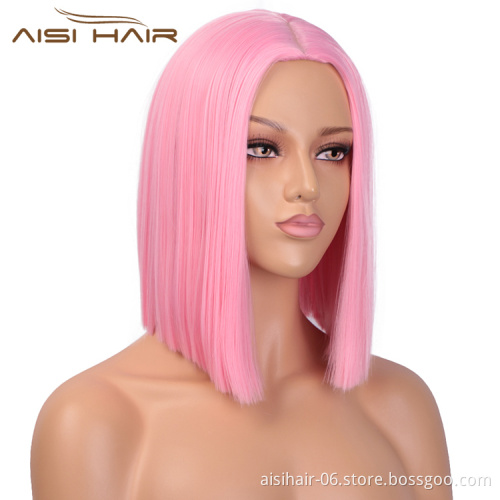 Aisi Hair Synthetic Heat Resistant Wigs For White Black Women Short Straight Pink Bob Middle Part Shoulder Length Hair Wigs